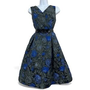 Teri Jon Rickie Freeman Jacquard Dress 10 Black Blue Floral Fit Flare Regency